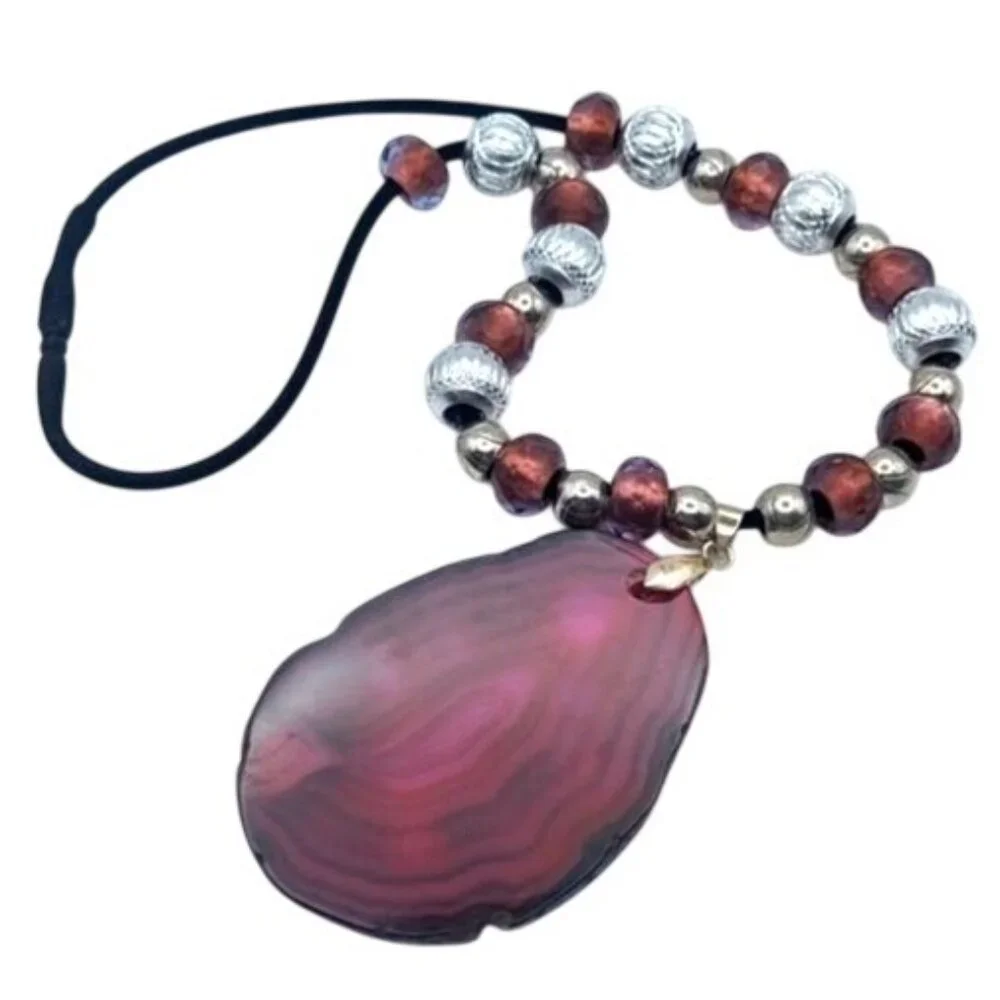 Handmade Wine Agate Slice Swarovski & Silver Tone Beads 18" Velvet Cord Necklace - Picture 2 of 5